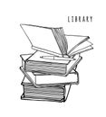 A stack of books and a pen. Linear graphic illustration of reading.