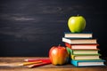 stack of books and pencils on school table against blackboard with an apple on top. Back to school concept, learning Royalty Free Stock Photo