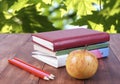 Stack of books, pencils and yellow apple. Series back to school. Royalty Free Stock Photo