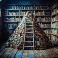 A stack of books is piled on top of a ladder in a library Royalty Free Stock Photo