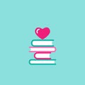 Stack of books with pink heart. Isolated on blue background. bibliophile flat icon. Vector