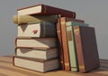 A stack of books is positioned on a wooden surface. The books are varied in color, with shades of Royalty Free Stock Photo