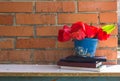 A stack of books and a pot of spring flowers against a brick wall background Royalty Free Stock Photo