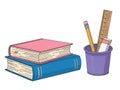 Stack of books beside a purple pencil holder Royalty Free Stock Photo