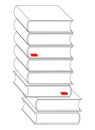 Stack of books with a red bookmark between the pages. Vector illustration, isolated on white background Royalty Free Stock Photo