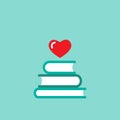 Stack of books with red heart flying out. on blue background. bibliophile flat icon. Vector