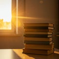 A stack of books sits on a table, bathed in warm, golden sunlight streaming through a Royalty Free Stock Photo