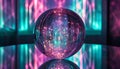a glass sphere with a purple and blue background