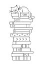 A stack of books with a sleeping cat. Cute kitty sleeping on books pile. Vector illustration