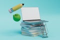 a stack of books and stairs leading to an open laptop, an apple and a pencil on a blue background. 3D render Royalty Free Stock Photo