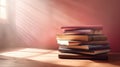 Stack of books on table against pink wall, concept of Study atmosphere, created with Generative AI technology