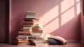 Stack of books on table against pink wall, concept of Study atmosphere, created with Generative AI technology