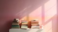 Stack of books on table against pink wall, concept of Study atmosphere, created with Generative AI technology