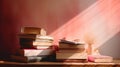 Stack of books on table against pink wall, concept of Study atmosphere, created with Generative AI technology