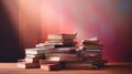 Stack of books on table against pink wall, concept of Study atmosphere, created with Generative AI technology