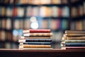 Stack of books on the table in library. Education and learning concept, book stack with ladder on sky with clouds background