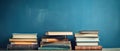 Stack Of Books On Table Near Blue Wall, Retro Vintage Style Royalty Free Stock Photo