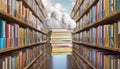 A stack of books is on top of a cloud, which is floating in a library by AI generated image Royalty Free Stock Photo