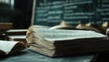 Stack of books on top of each other in front of a blackboard Royalty Free Stock Photo