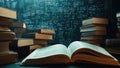 Stack of books on top of each other in front of a blackboard Royalty Free Stock Photo