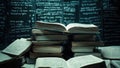 Stack of books on top of each other in front of a blackboard Royalty Free Stock Photo