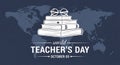 A stack of books topped with glasses rests against a backdrop of the world map celebrating the value of educators on Royalty Free Stock Photo