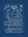 A stack of books with a variety of icons representing science education and knowledge The icons include a book a magnifying Royalty Free Stock Photo