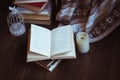 Stack of books with warm plaid on chair