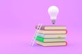 Stack of books with white ladder and illuminated light bulb on top of them Royalty Free Stock Photo