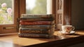 Stack of Books by a Window with a Cup of Tea and Glasses Royalty Free Stock Photo