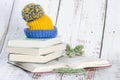 Stack of books with winter hat on top on wooden background Royalty Free Stock Photo