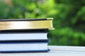 Stack of books on wood table over nature garden Royalty Free Stock Photo