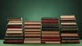 Stack of books on a wooden table against a green gradient background, evoking knowledge and learning Royalty Free Stock Photo
