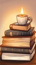 A stack of books on a wooden table with a cup of coffee and a candle, representing reading and relaxation Royalty Free Stock Photo