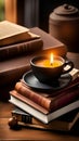 A stack of books on a wooden table with a cup of coffee and a candle, representing reading and relaxation Royalty Free Stock Photo