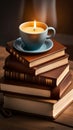 A stack of books on a wooden table with a cup of coffee and a candle, representing reading and relaxation Royalty Free Stock Photo