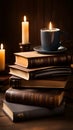A stack of books on a wooden table with a cup of coffee and a candle, representing reading and relaxation Royalty Free Stock Photo