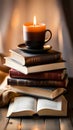 A stack of books on a wooden table with a cup of coffee and a candle, representing reading and relaxation Royalty Free Stock Photo