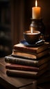 A stack of books on a wooden table with a cup of coffee and a candle, representing reading and relaxation Royalty Free Stock Photo
