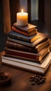 A stack of books on a wooden table with a cup of coffee and a candle, representing reading and relaxation Royalty Free Stock Photo