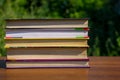Stack of the books on wooden table outdoor Royalty Free Stock Photo