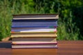 Stack of the books on wooden table outdoor Royalty Free Stock Photo