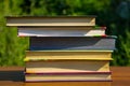 Stack of the books on wooden table outdoor Royalty Free Stock Photo