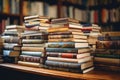 Stack of Books on Wooden Table, A Pictorial Depiction of Knowledge and Learning, Classic paperback books stacked high on a desk,