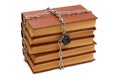 Stack of books wrapped by chain with padlock on white background