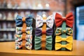 stack of boxed bow ties on a shelf with price tags Royalty Free Stock Photo