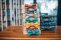 stack of boxed bow ties on a shelf with price tags Royalty Free Stock Photo