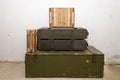 A stack of boxes with ammunition and weapons. Concept: storage and transportation of weapons and ammunition, war in Ukraine, sale Royalty Free Stock Photo