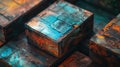 A stack of boxes with a blue and orange paint splatter on them Royalty Free Stock Photo