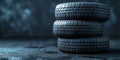 Stack Of Brand New Car Tires Sits On A Dark Background With Ample Copy Space, Copy Space Royalty Free Stock Photo